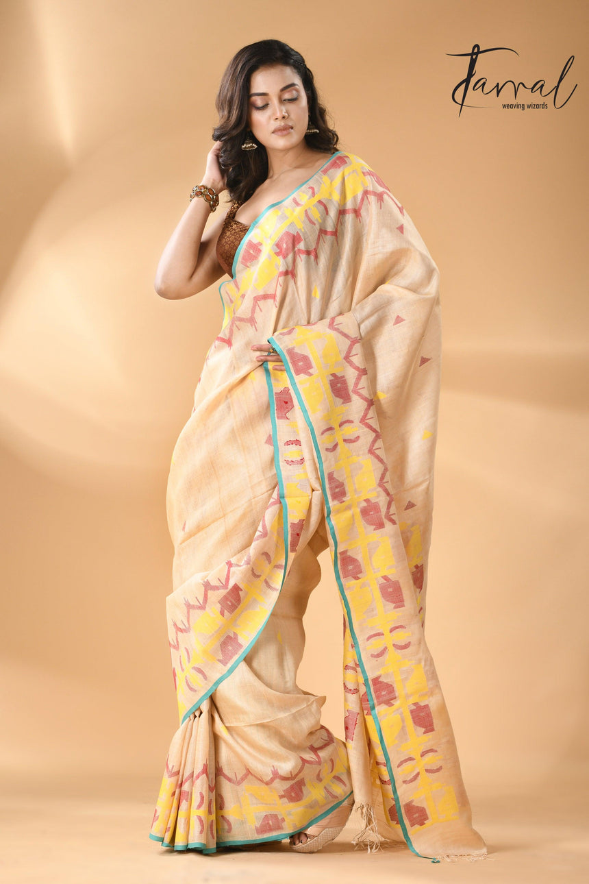 Light beige pure Tussar silk handwoven jamdani saree right