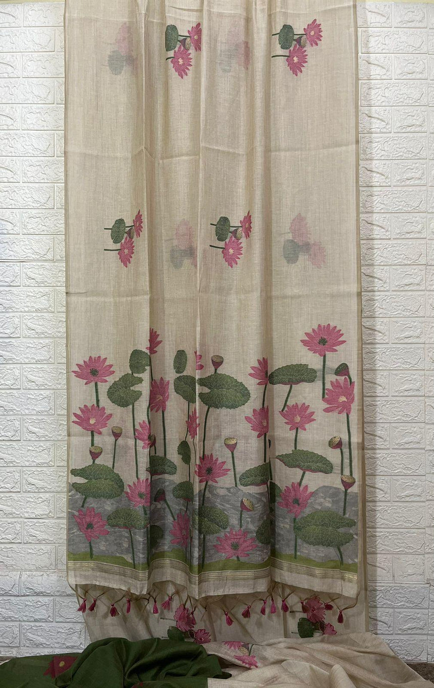 Light beige with pink colour water lily woven motifs handloom silk cotton saree - Tamal Boutique