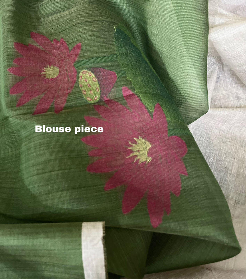Light beige with pink colour water lily woven motifs handloom silk cotton saree - Tamal Boutique
