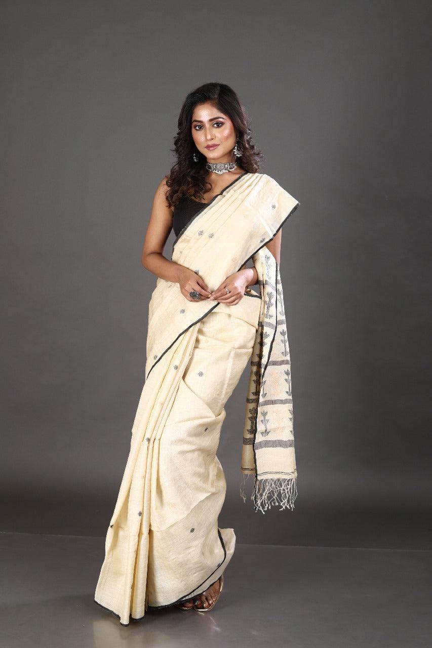 Light beige with black colour traditional tree tussar silk handwoven jamdani saree - Tamal Boutique