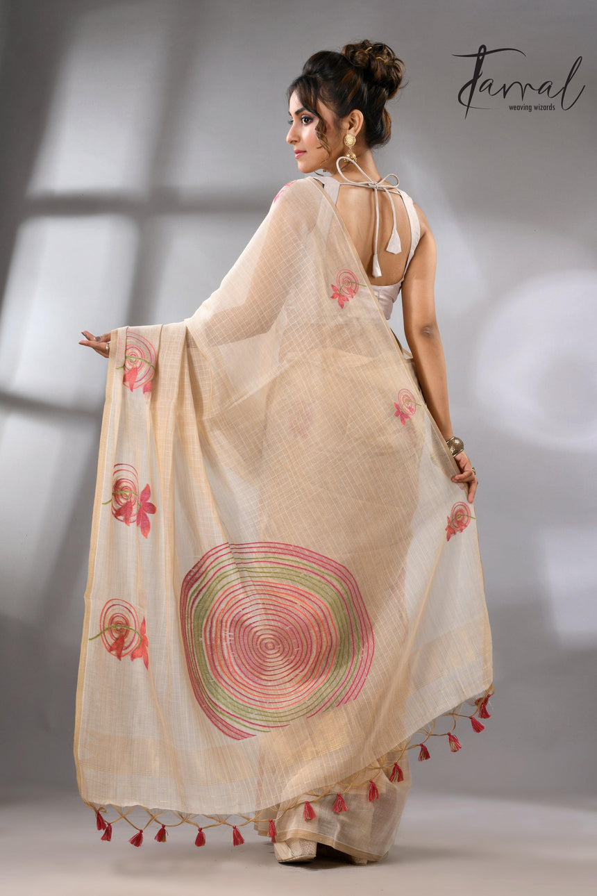 Light beige with floral motifs handloom silk cotton jamdani saree_Back2