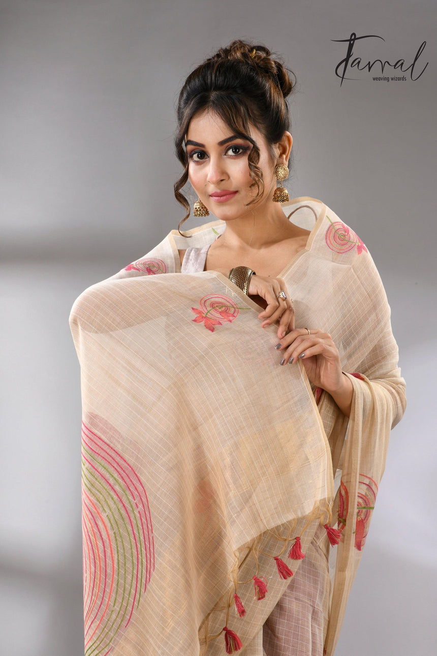 Light beige with floral motifs handloom silk cotton jamdani saree_Right