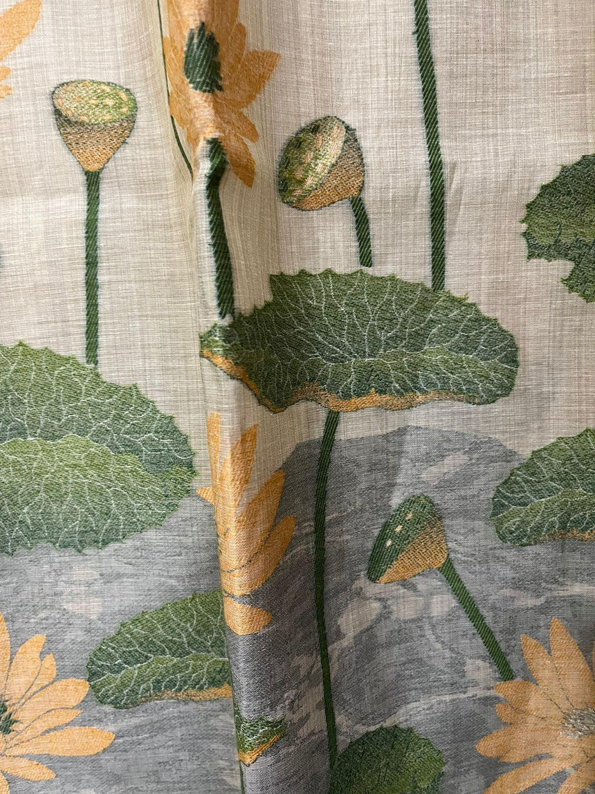 Light beige with yellow colour water lily woven motifs handloom silk cotton saree - Tamal Boutique