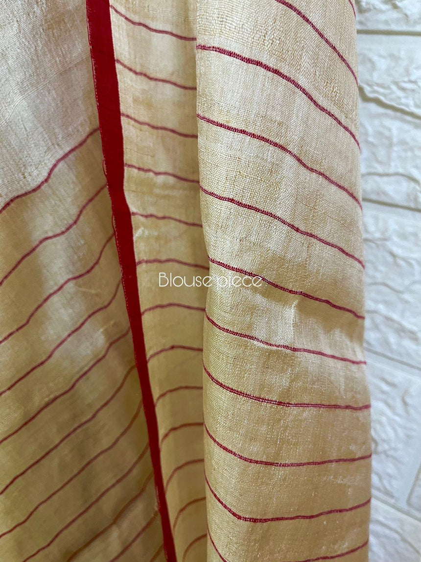 Light beige with red colour traditional tussar silk handwoven dhakai jamdani saree - Tamal Boutique