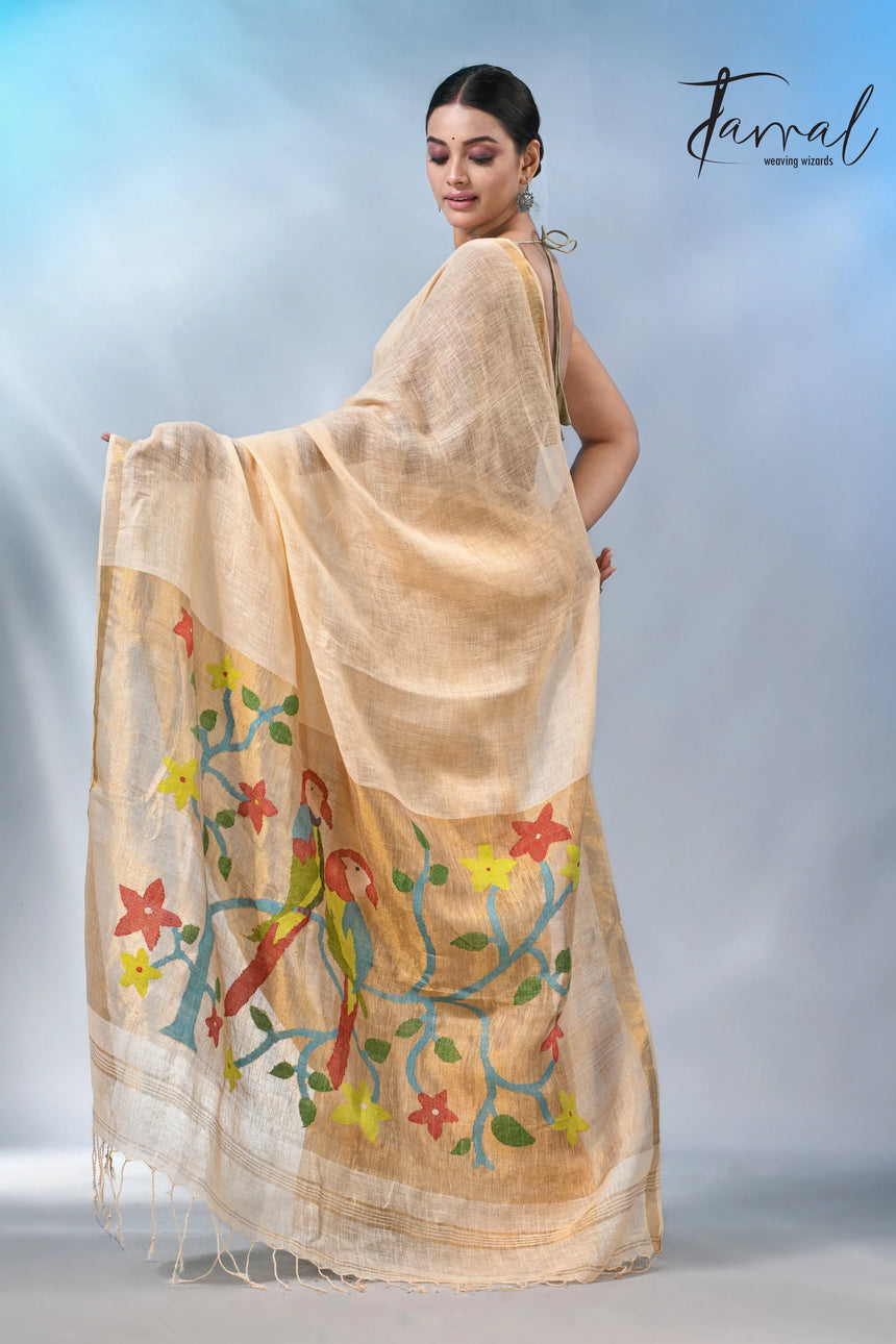 Cream with zari border in paithani pallu linen jamdani saree