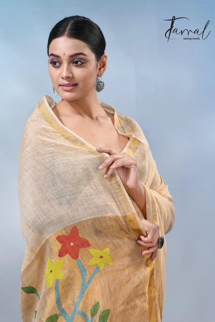 Cream with zari border in paithani pallu linen jamdani saree