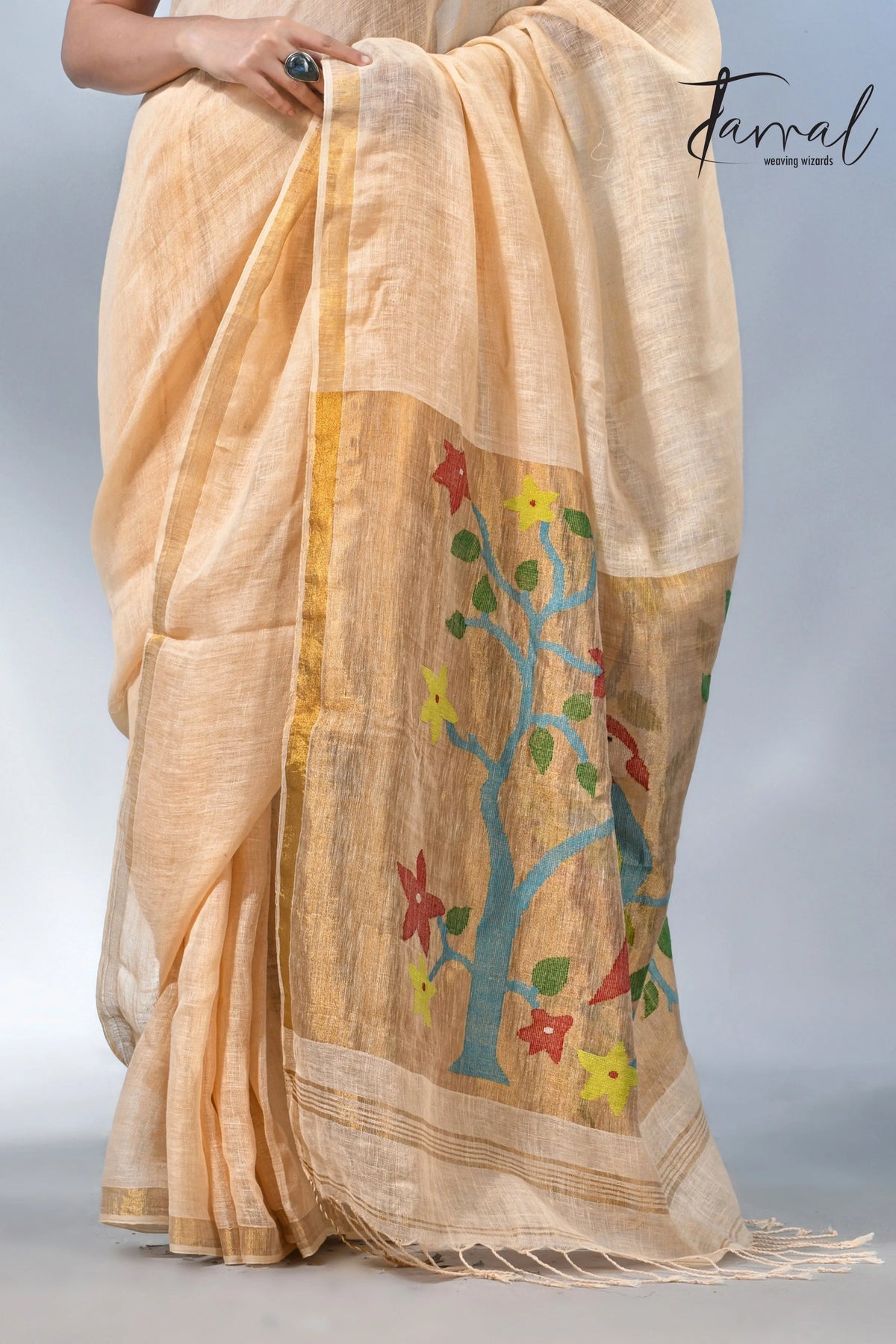 Cream with zari border in paithani pallu linen jamdani saree