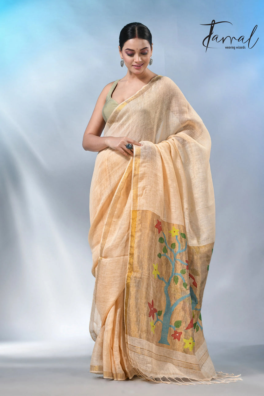 Cream with zari border in paithani pallu linen jamdani saree
