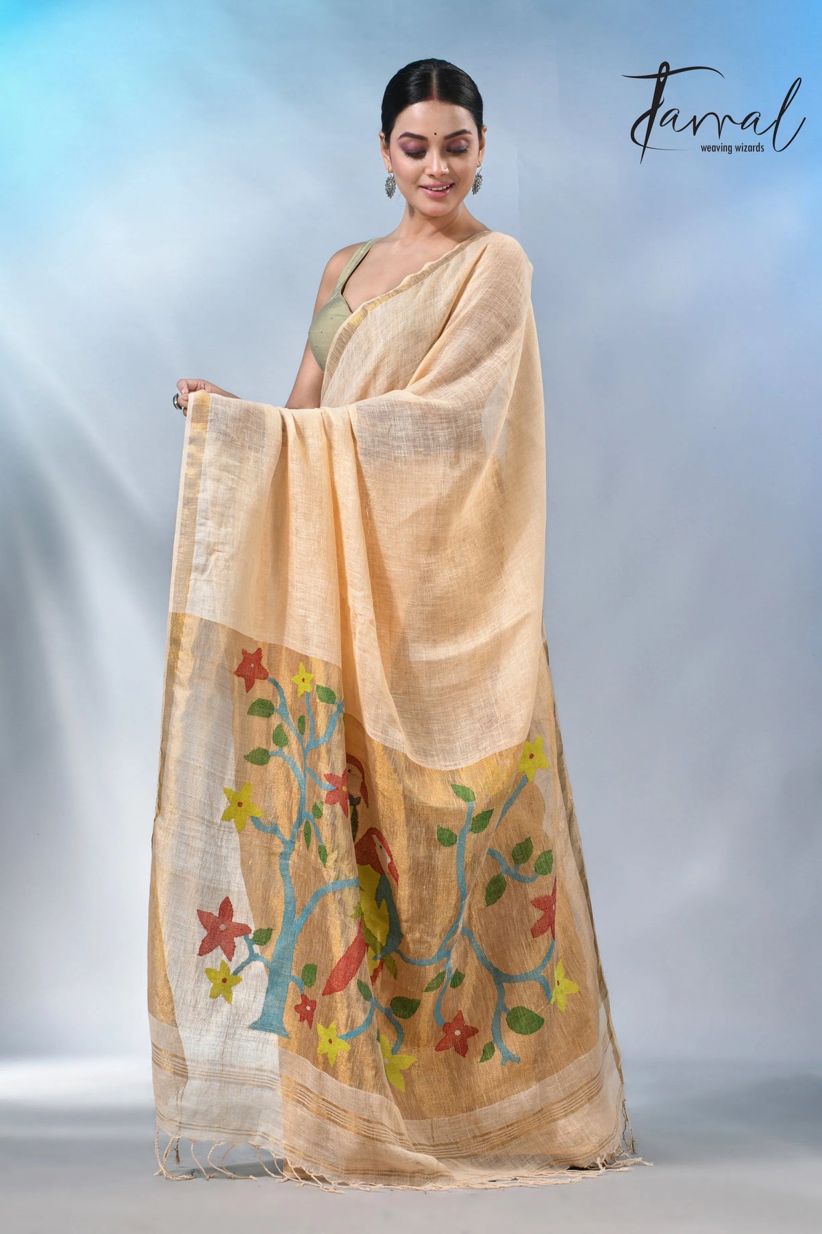 Cream with zari border in paithani pallu linen jamdani saree