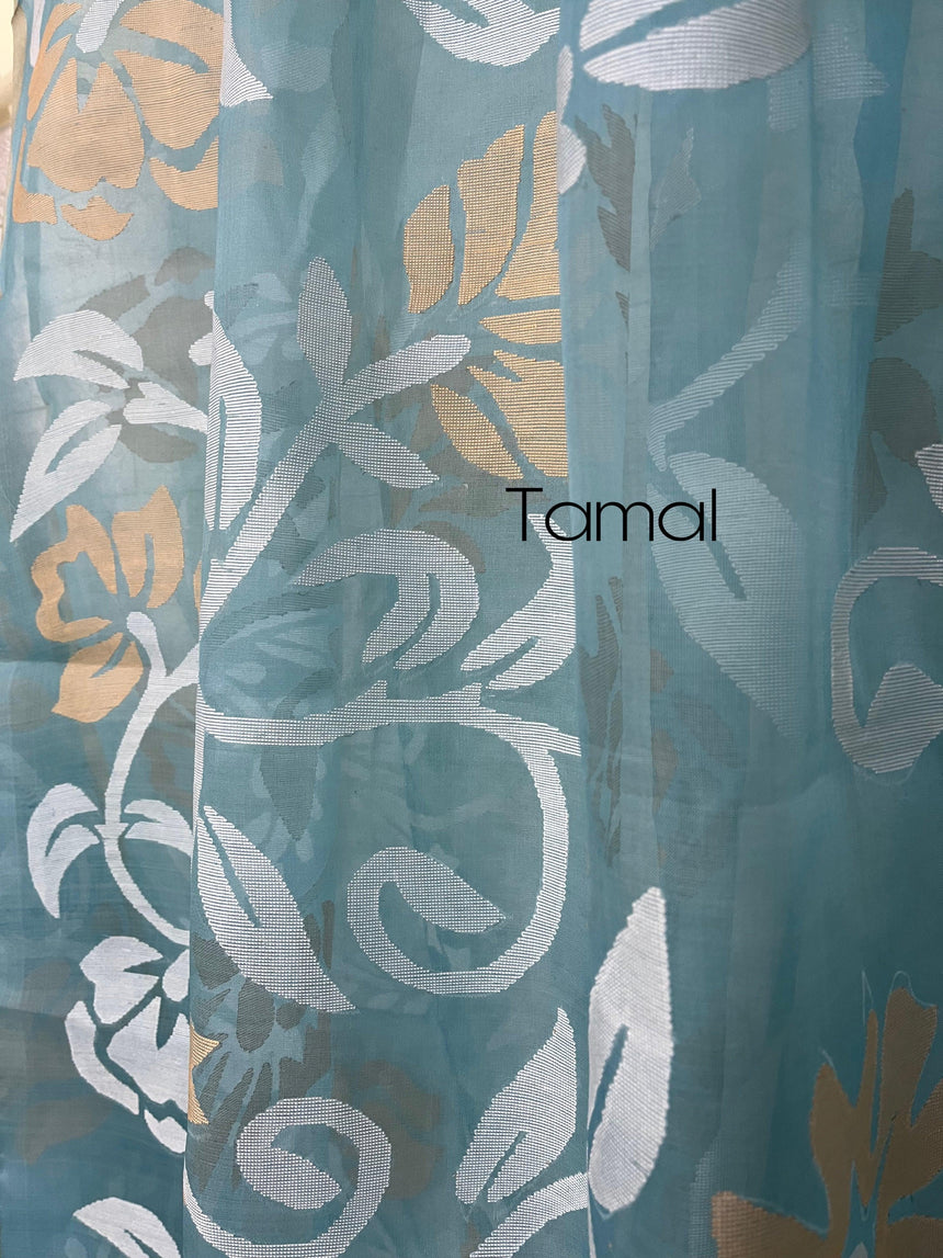 Light sky blue with white & beige colour allover floral handwoven jamdani saree - Tamal Boutique