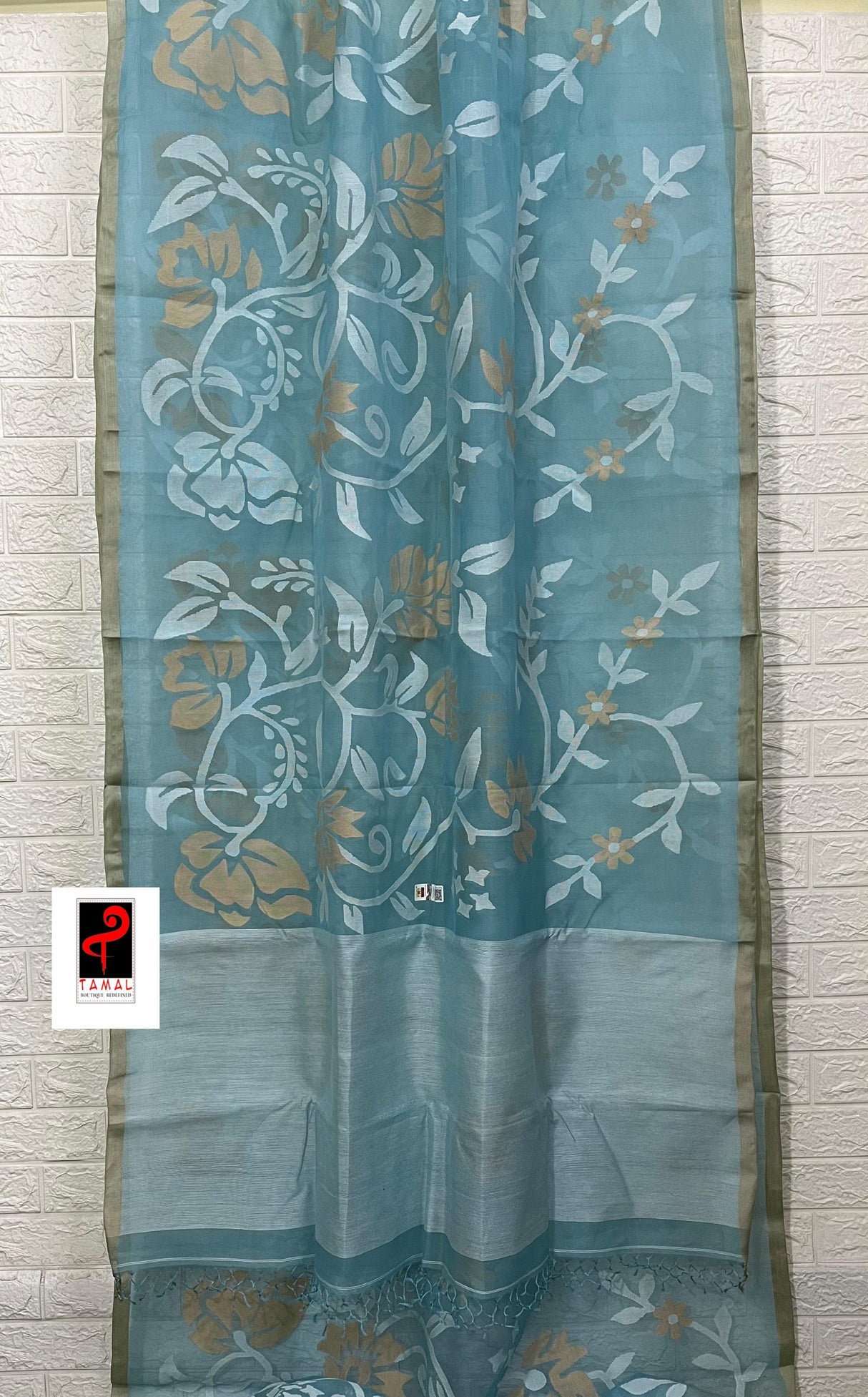 Light sky blue with white & beige colour allover floral handwoven jamdani saree - Tamal Boutique