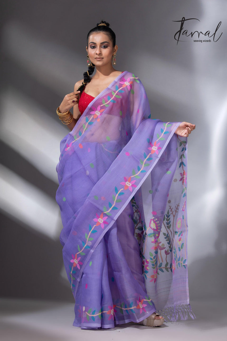 Light lavender colour floral muslin silk handwoven jamdani saree - Tamal Boutique