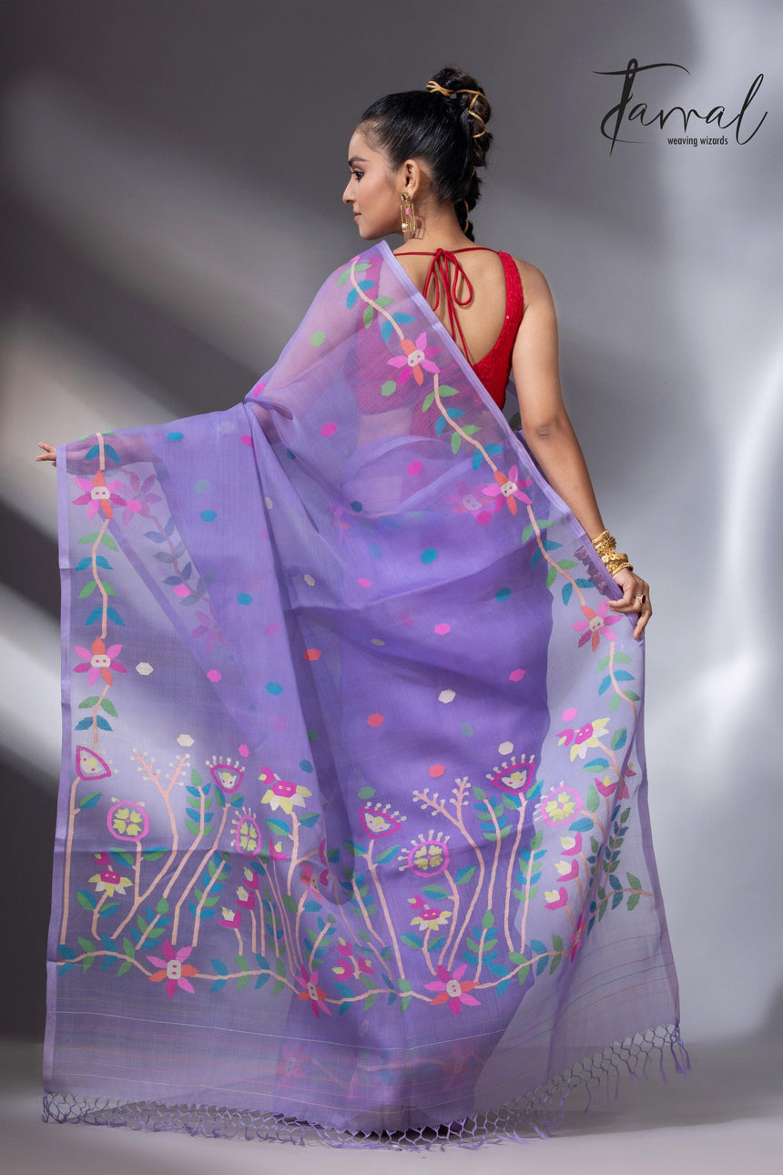 Light lavender colour floral muslin silk handwoven jamdani saree - Tamal Boutique