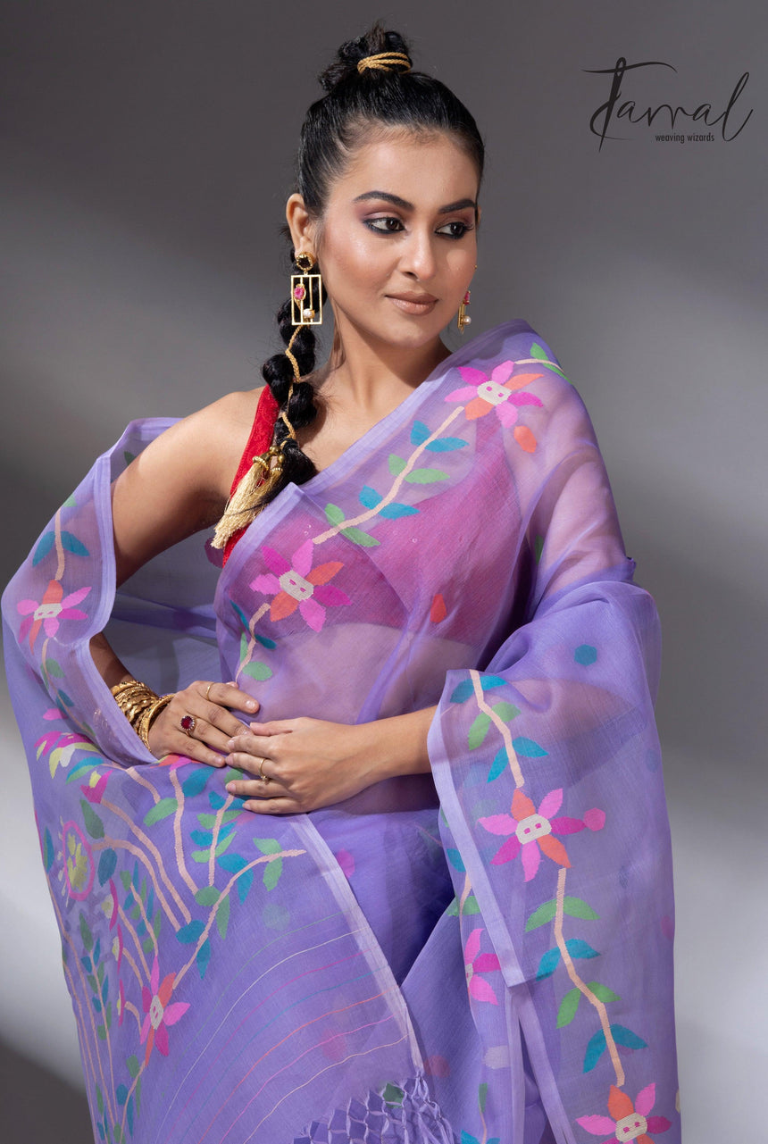 Light lavender colour floral muslin silk handwoven jamdani saree - Tamal Boutique