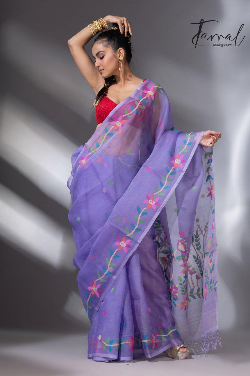 Light lavender colour floral muslin silk handwoven jamdani saree - Tamal Boutique