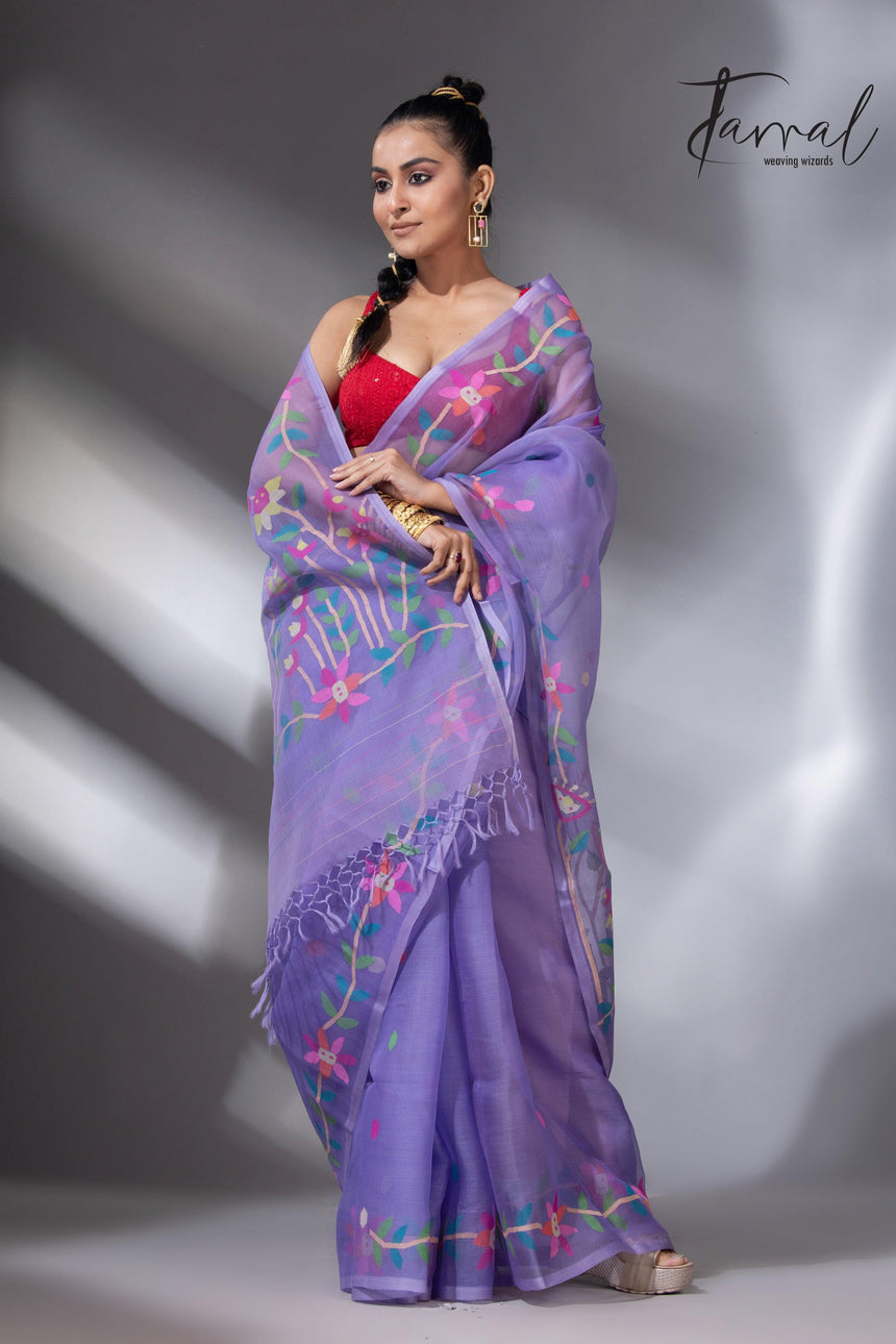 Light lavender colour floral muslin silk handwoven jamdani saree - Tamal Boutique