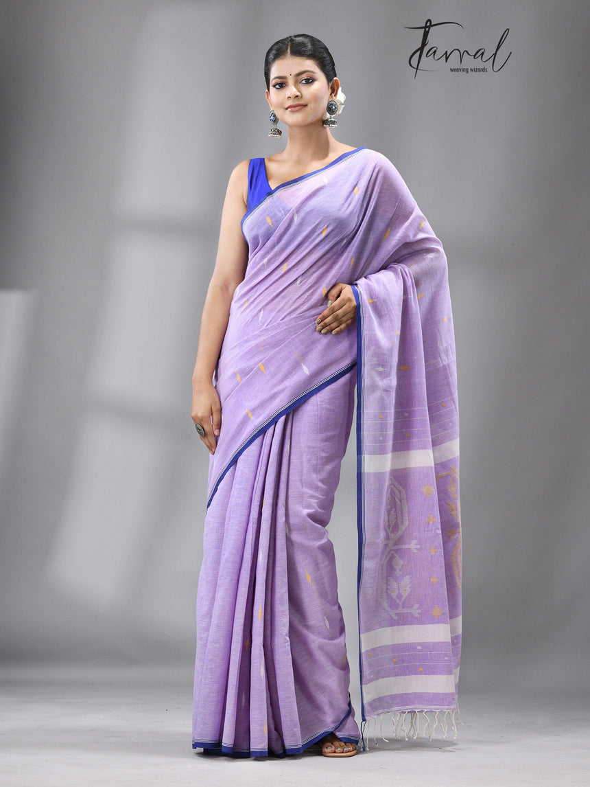 Light lavender With blue Border Pure Cotton Handwoven Jamdani Saree - Tamal Boutique