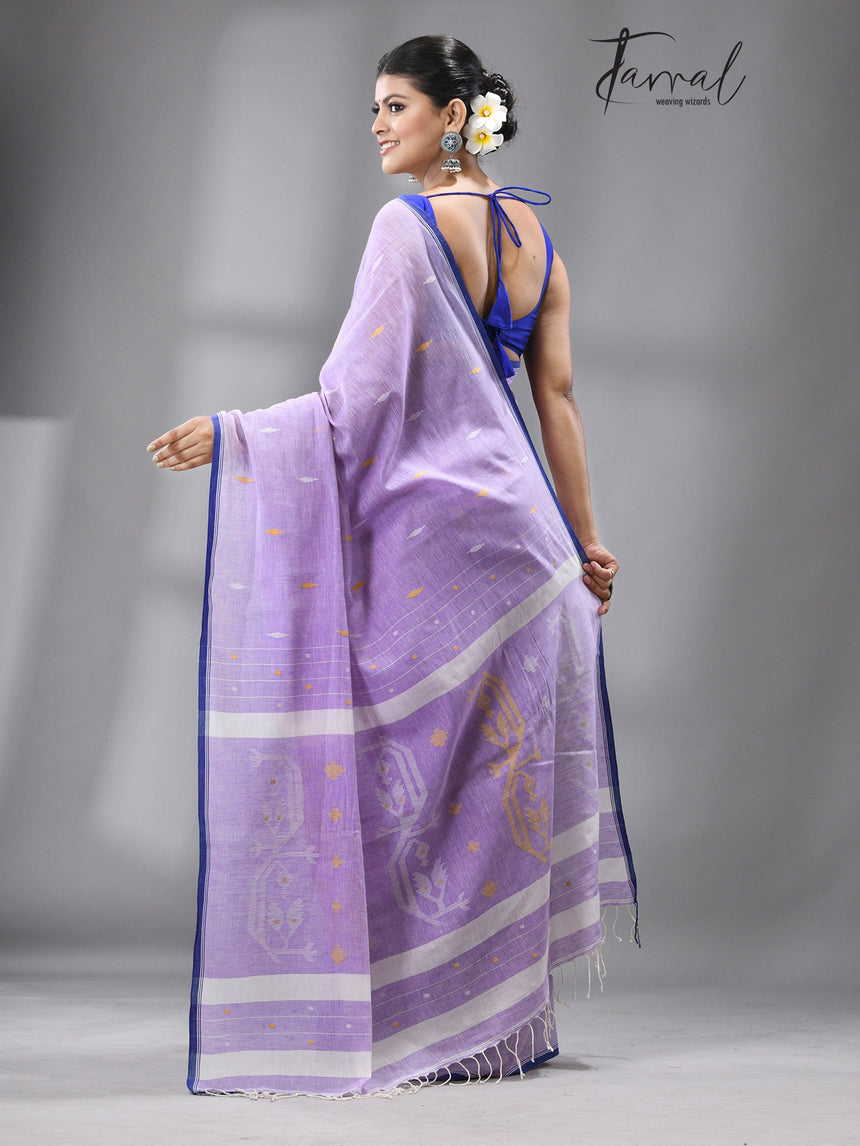 Light lavender With blue Border Pure Cotton Handwoven Jamdani Saree - Tamal Boutique