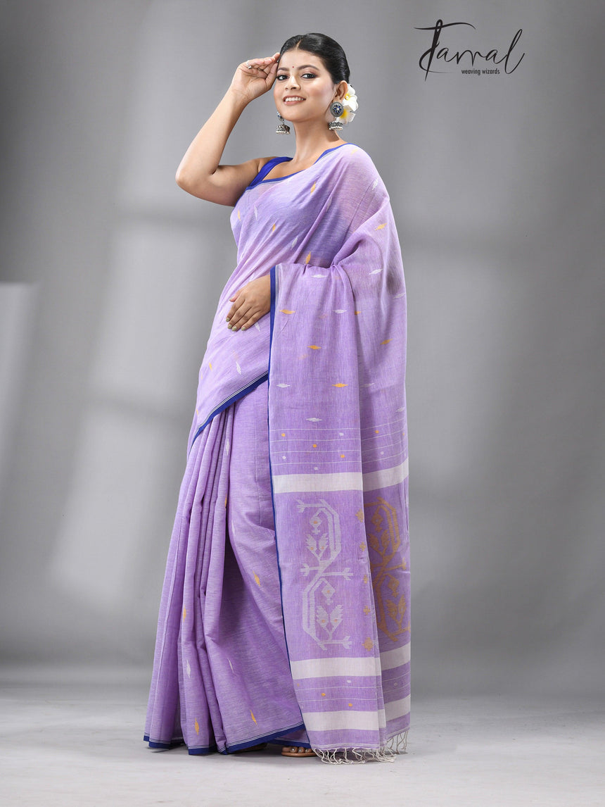 Light lavender With blue Border Pure Cotton Handwoven Jamdani Saree - Tamal Boutique