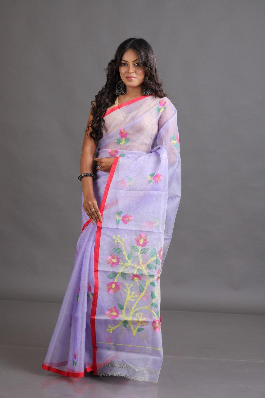 Light lavender with red border muslin floral buta handwoven jamadani saree - Tamal Boutique