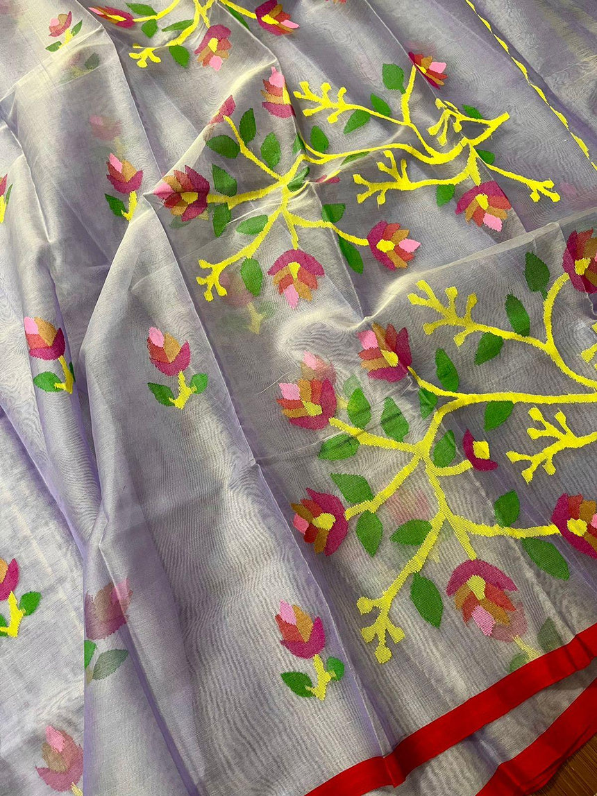 Light lavender with red border muslin floral buta handwoven jamadani saree - Tamal Boutique
