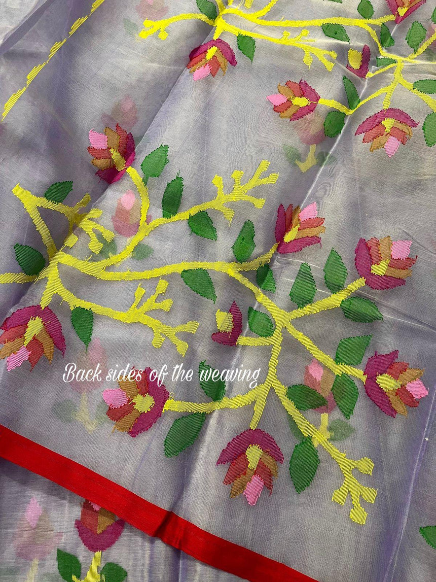 Light lavender with red border muslin floral buta handwoven jamadani saree - Tamal Boutique