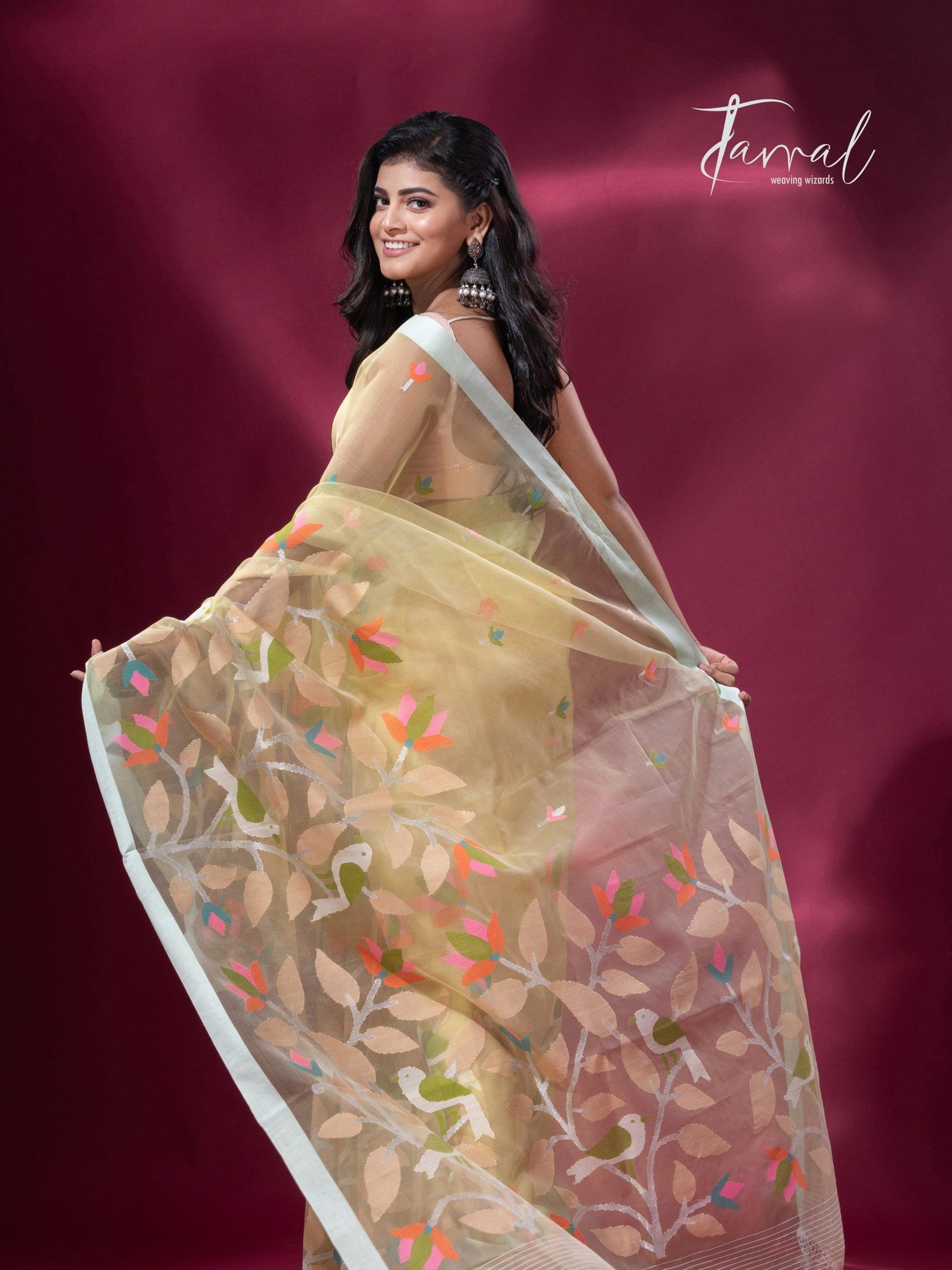 Light lemon yellow pure organza silk handwoven jamdani saree back