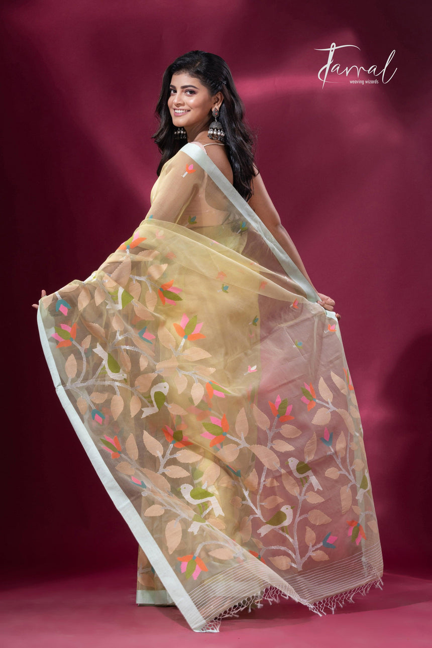 Light lemon yellow pure organza silk handwoven jamdani saree back