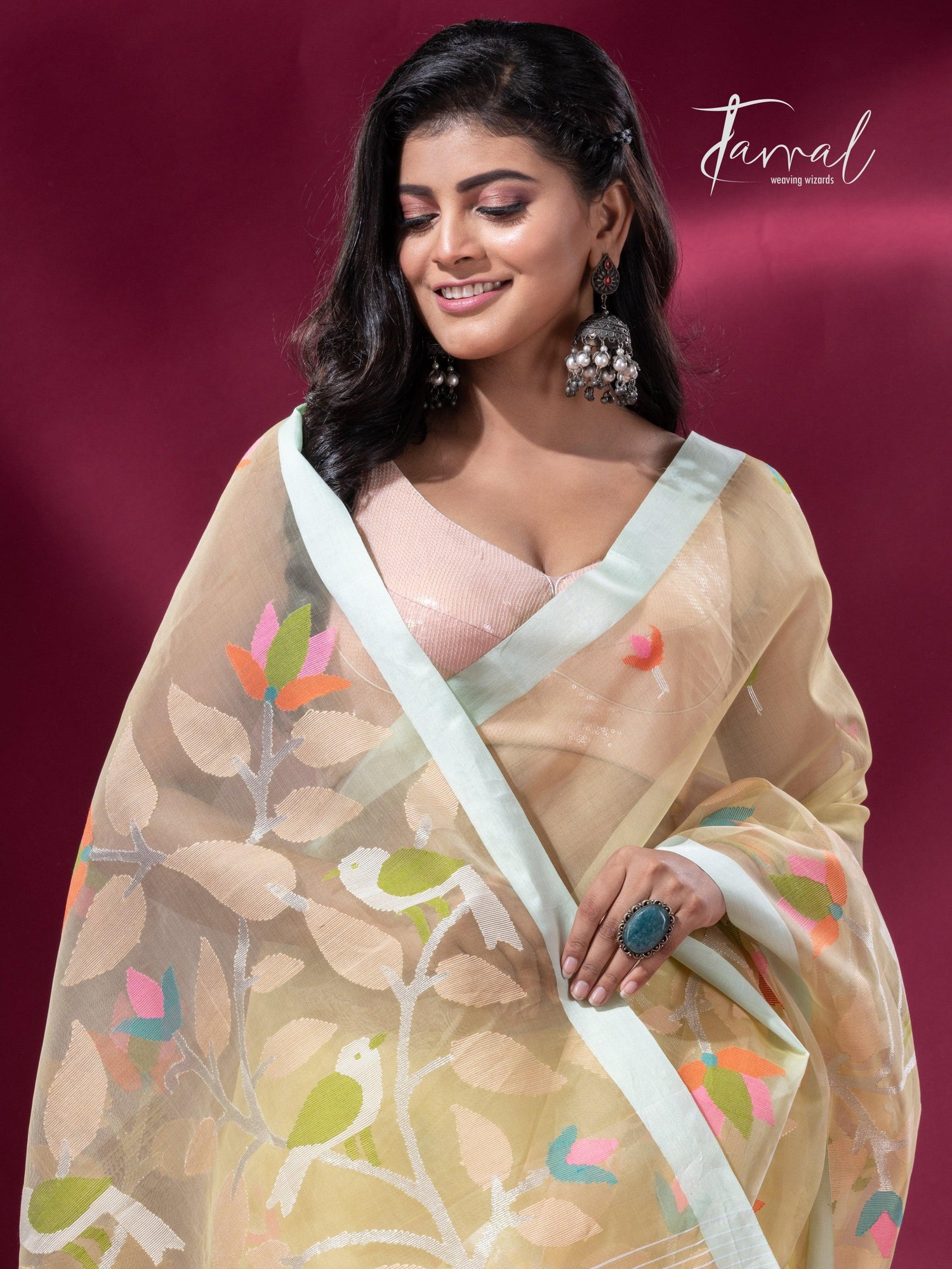 Light lemon yellow pure organza silk handwoven jamdani saree cls