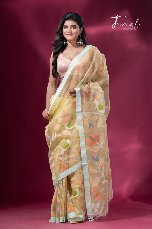 Light lemon yellow pure organza silk handwoven jamdani saree full