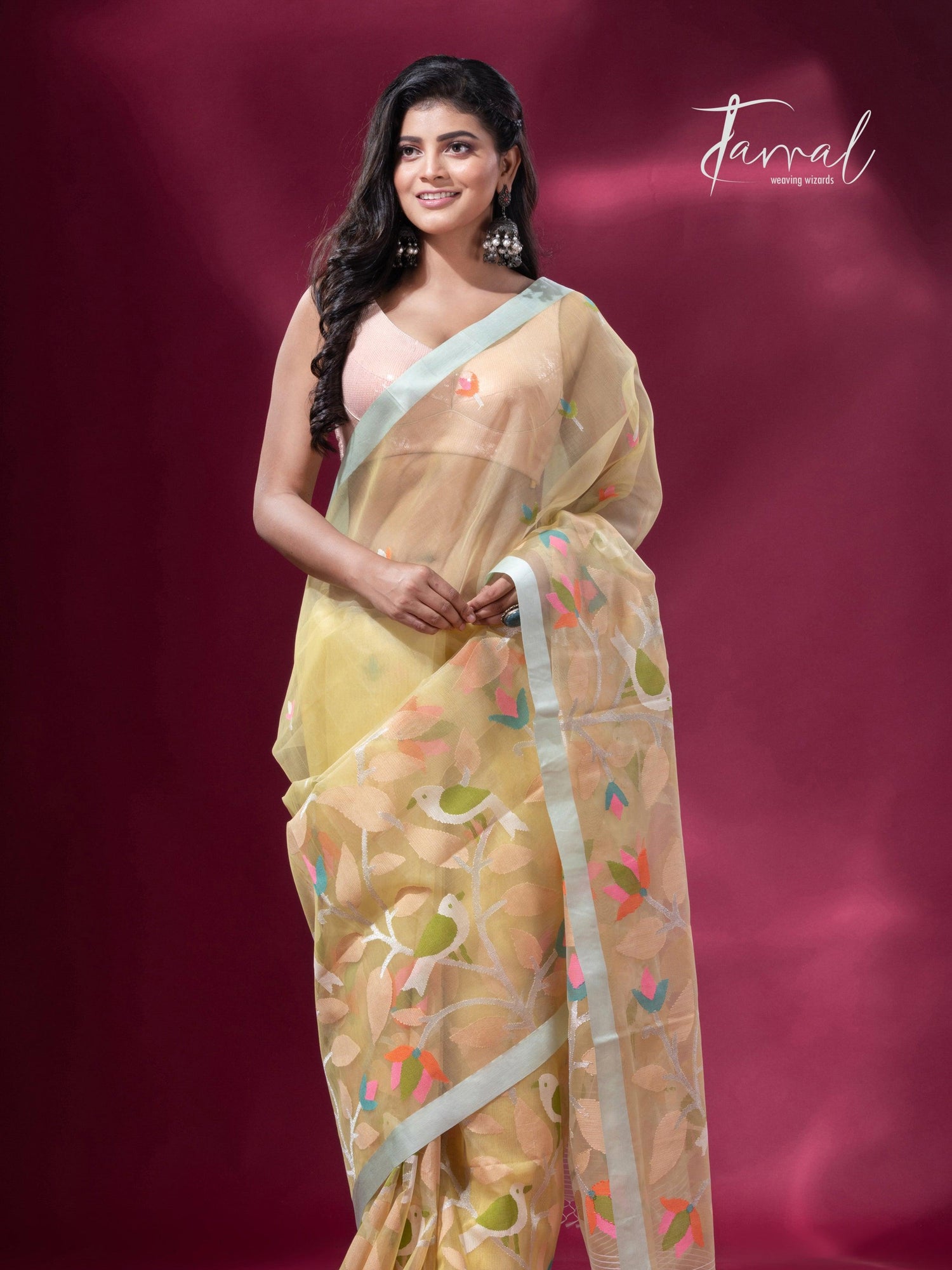 Light lemon yellow pure organza silk handwoven jamdani saree full2