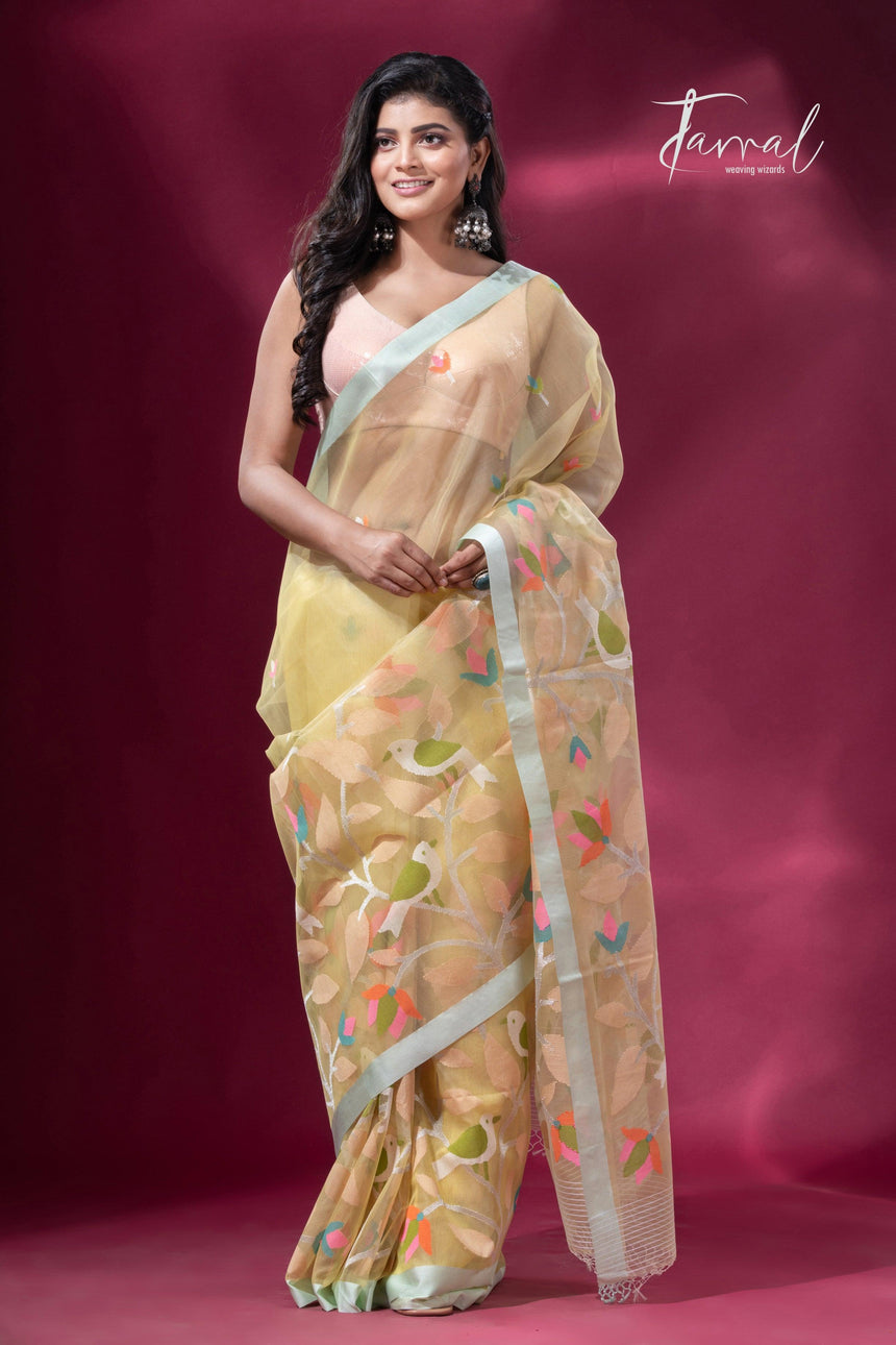 Light lemon yellow pure organza silk handwoven jamdani saree full2