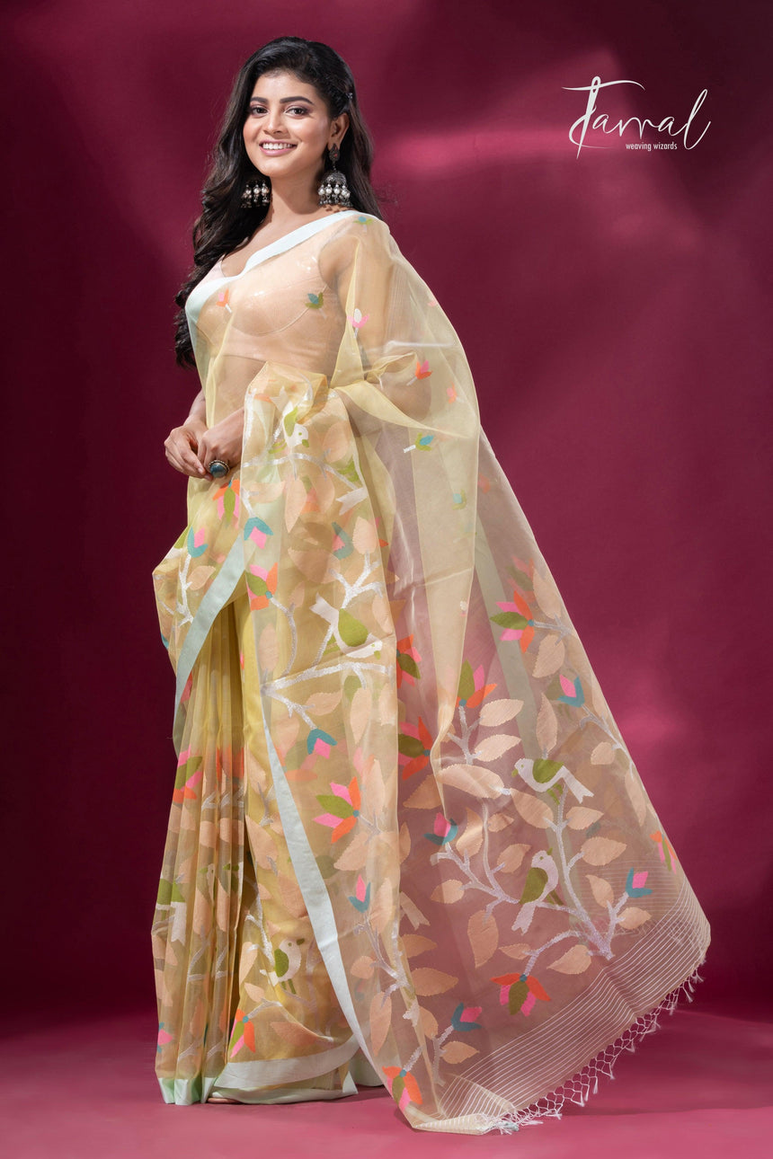 Light lemon yellow pure organza silk handwoven jamdani saree right