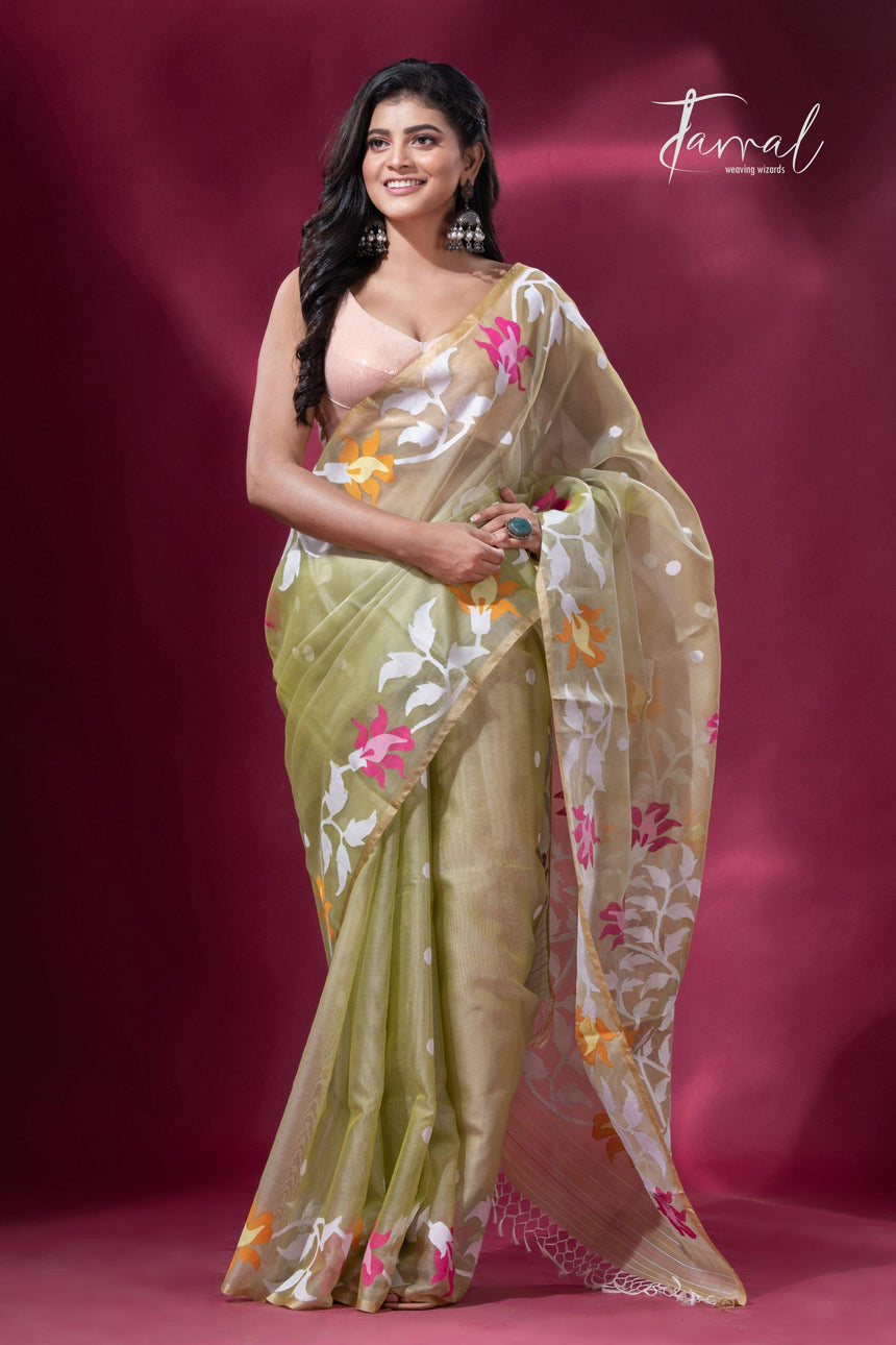 Light mehendi green border muslin silk handwoven jamdani saree