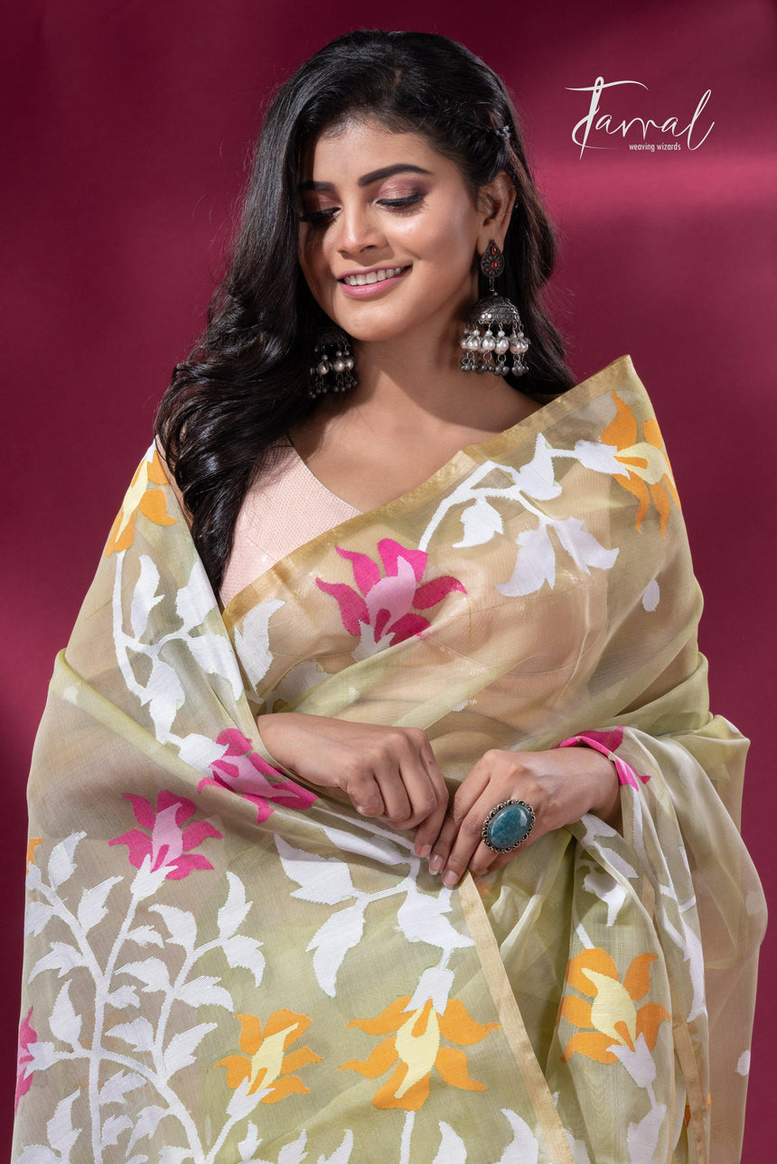 Light mehendi green border muslin silk handwoven jamdani saree