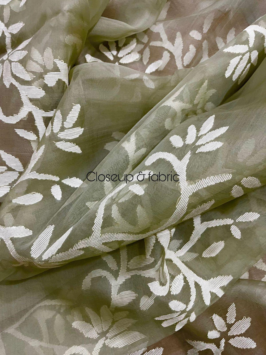 Light mint green with white allover floral handwoven jamdani in muslin silk saree - Tamal Boutique