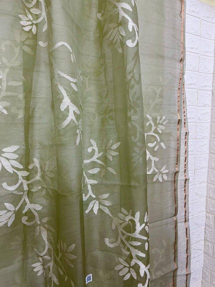 Light mint green with white allover floral handwoven jamdani in muslin silk saree - Tamal Boutique