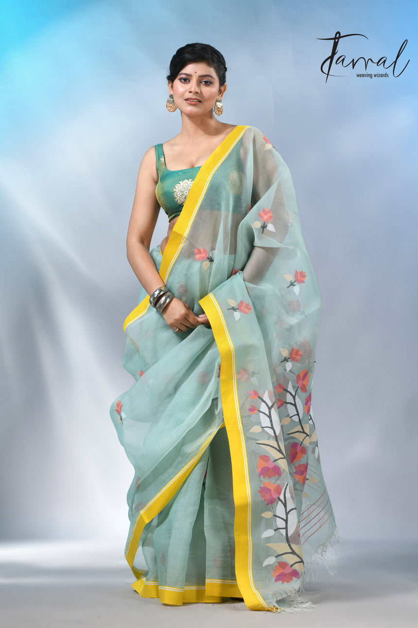 Light mint green muslin silk floral handwoven jamdani saree