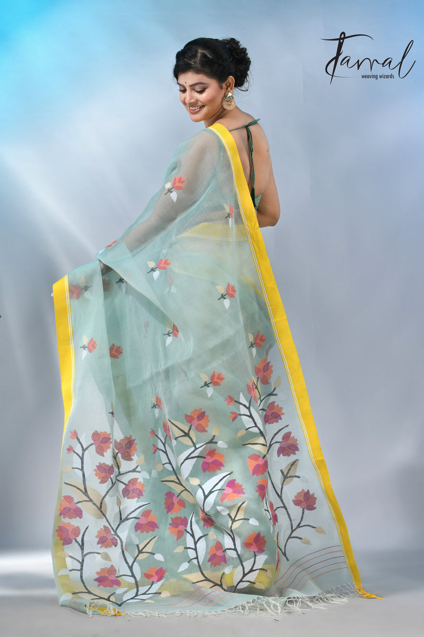 Light mint green muslin silk floral handwoven jamdani saree