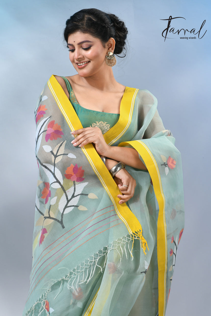 Light mint green muslin silk floral handwoven jamdani saree