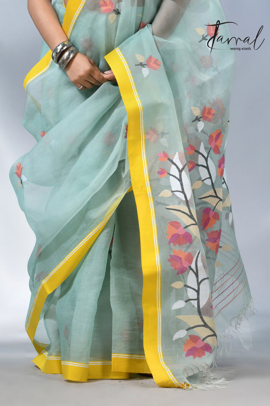 Light mint green muslin silk floral handwoven jamdani saree