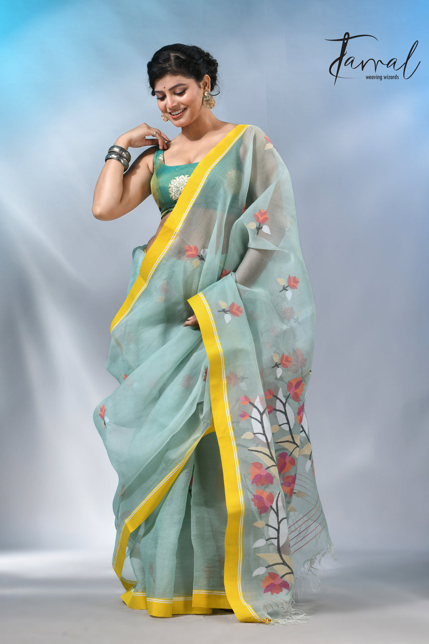 Light mint green muslin silk floral handwoven jamdani saree