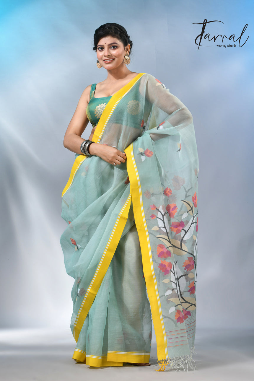 Light mint green muslin silk floral handwoven jamdani saree