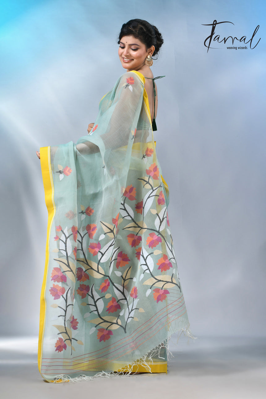 Light mint green muslin silk floral handwoven jamdani saree