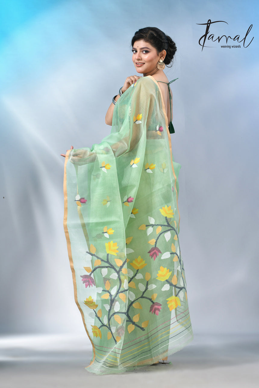 Light mint green muslin silk handwoven needlework jamdani saree