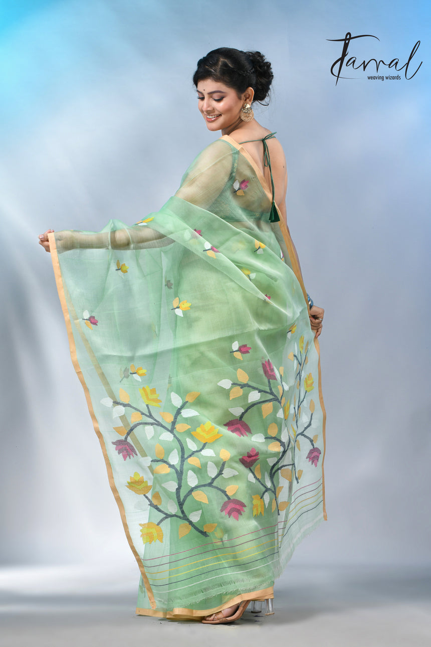 Light mint green muslin silk handwoven needlework jamdani saree
