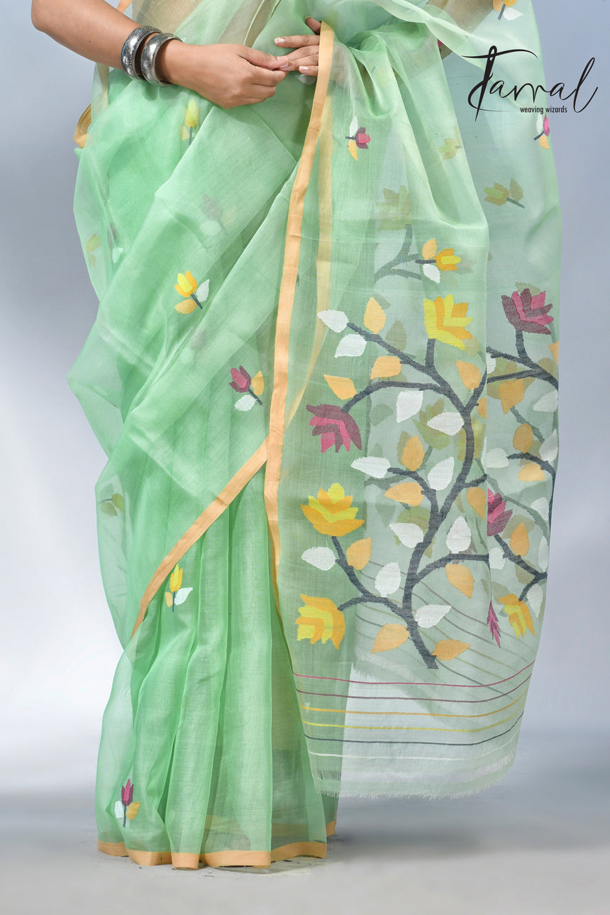 Light mint green muslin silk handwoven needlework jamdani saree