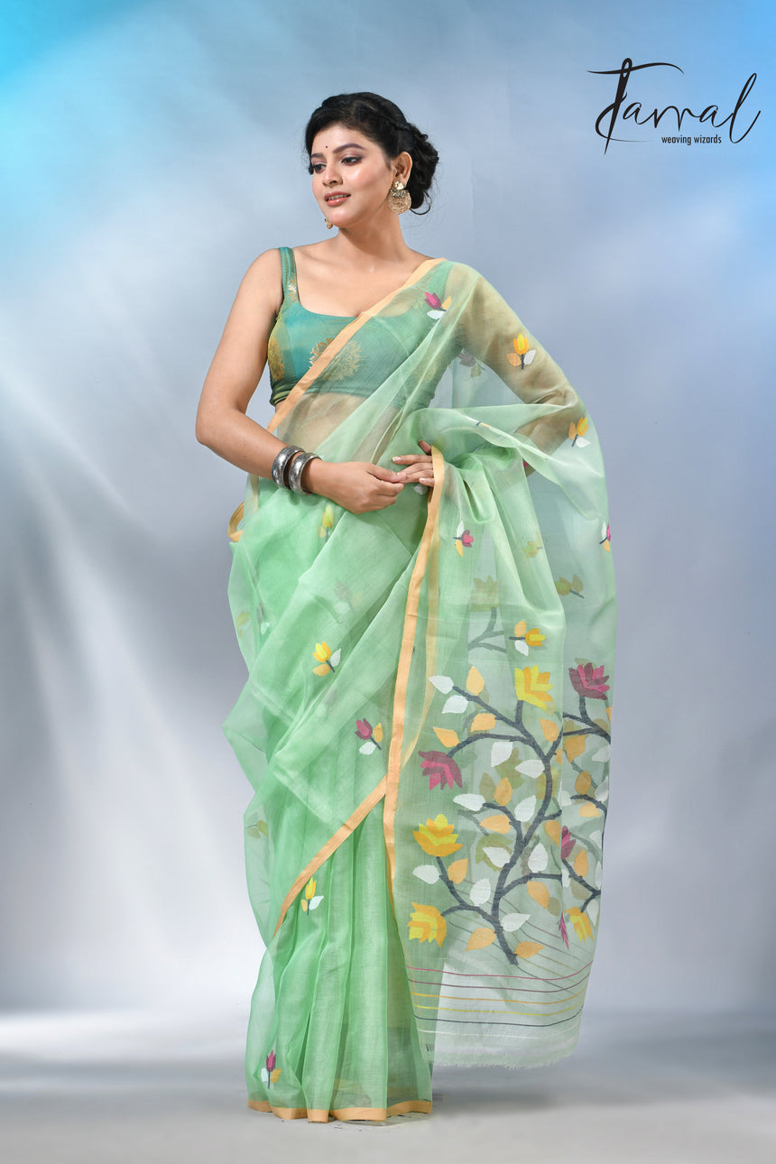 Light mint green muslin silk handwoven needlework jamdani saree