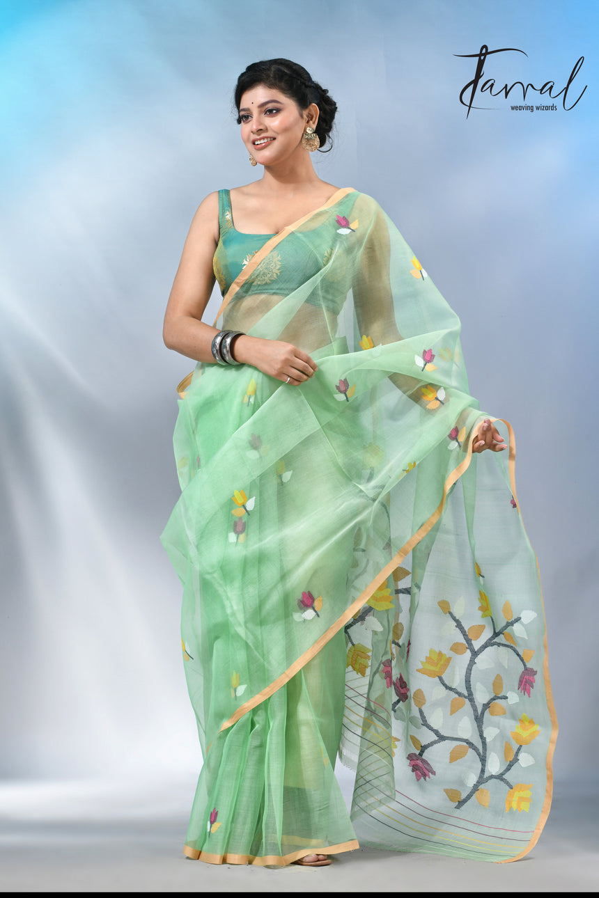 Light mint green muslin silk handwoven needlework jamdani saree
