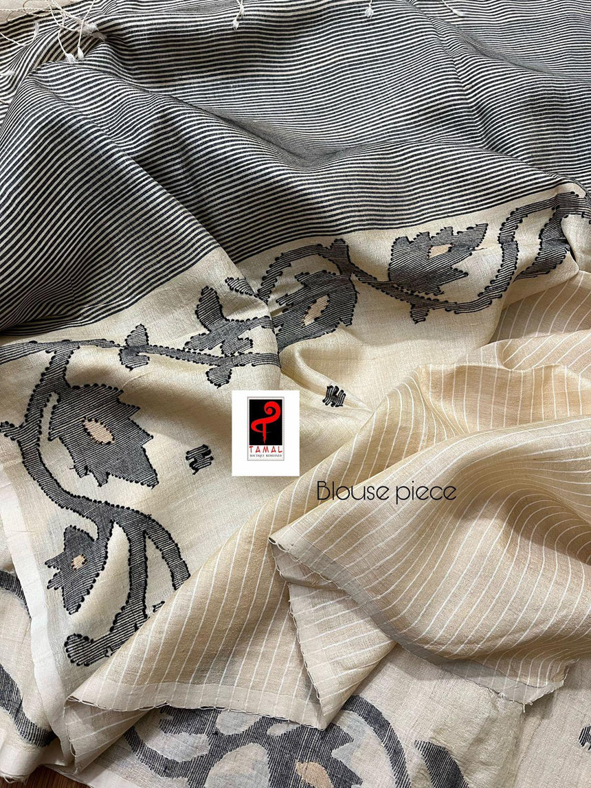 Light muga with black colour floral lata handwoven tussar silk jamdani saree - Tamal Boutique